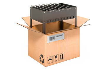 Mangal with skewers inside cardboard box, delivery concept. 3D rendering