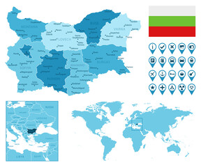 Obraz premium Bulgaria detailed administrative blue map with country flag and location on the world map. Vector illustration