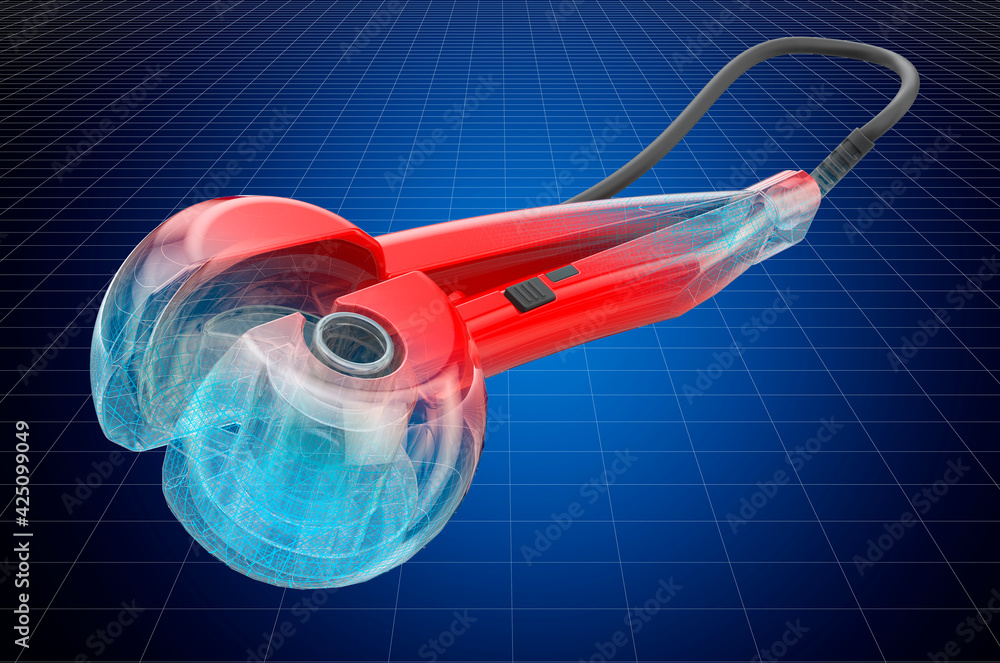 Poster visualization 3d cad model of curling iron, blueprint. 3d rendering