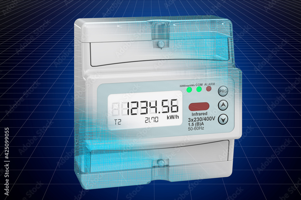 Poster visualization 3d cad model of electric meter, blueprint. 3d rendering