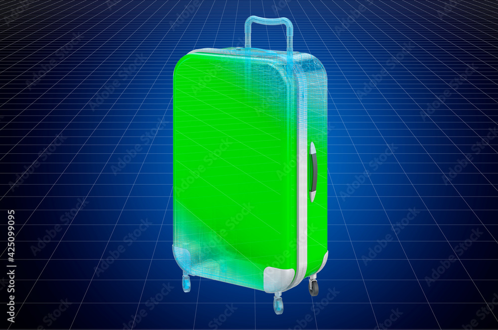 Poster visualization 3d cad model of suitcase, blueprint. 3d rendering