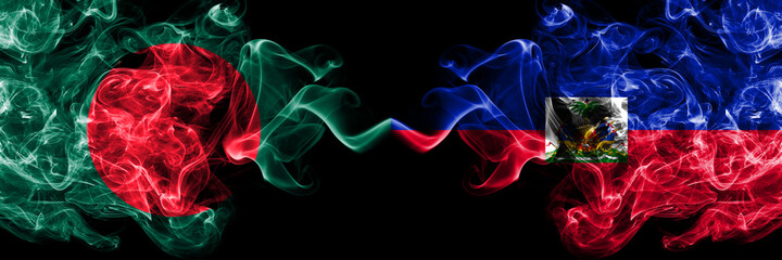 Bangladesh, Bangladeshi vs Haiti smoky mystic flags placed side by side. Thick colored silky abstract smokes flags.