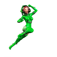 astronaut girl vintage jumping on white background