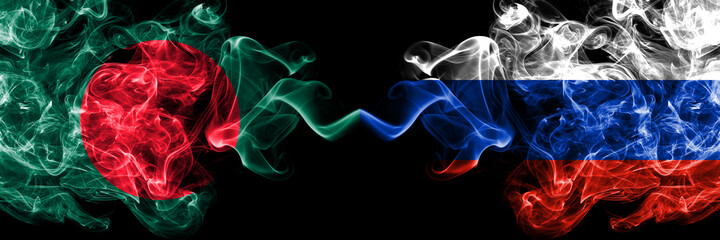 Bangladesh, Bangladeshi vs Russia, Russian smoky mystic flags placed side by side. Thick colored silky abstract smokes flags.