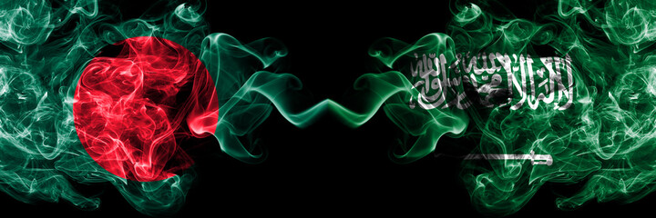Bangladesh, Bangladeshi vs Saudi Arabia, Arabian smoky mystic flags placed side by side. Thick colored silky abstract smokes flags.