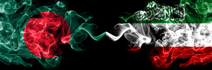 Bangladesh, Bangladeshi vs Somaliland smoky mystic flags placed side by side. Thick colored silky abstract smokes flags.