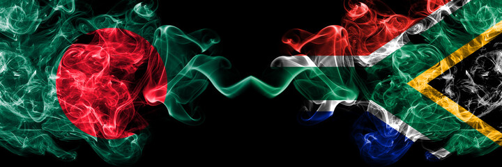 Bangladesh, Bangladeshi vs South Africa, African smoky mystic flags placed side by side. Thick colored silky abstract smokes flags.