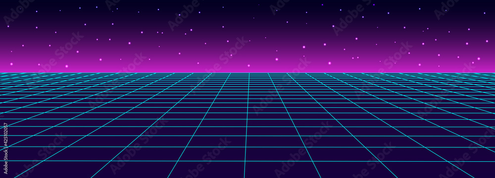 Poster retro vector grid with stars. perspective tile of lines. detailed vector illustration.