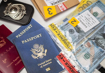 dollar bills and passports in criminal investigation unit, conceptual image