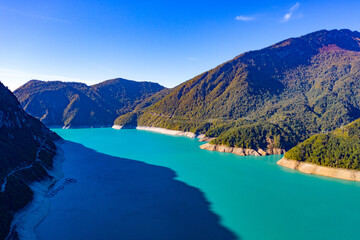 Beautiful view of the blue lake, forest, mountains from a drone