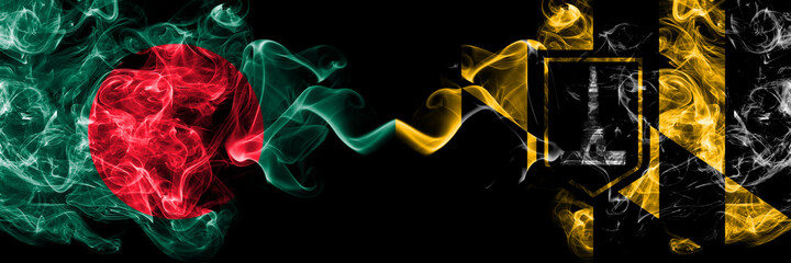 Bangladesh, Bangladeshi vs United States of America, America, US, USA, American, Baltimore, Maryland smoky mystic flags placed side by side. Thick colored silky abstract smokes flags.