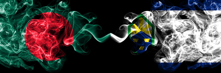 Obraz premium Bangladesh, Bangladeshi vs United States of America, America, US, USA, American, Colorado Springs, Colorado smoky mystic flags placed side by side. Thick colored silky abstract smokes flags.