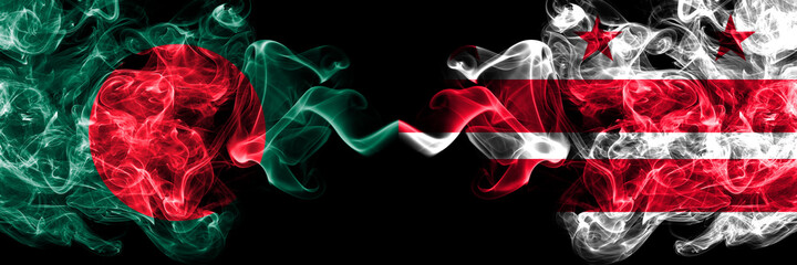 Bangladesh, Bangladeshi vs United States of America, America, US, USA, American, District of Columbia, Washington smoky mystic flags placed side by side. Thick colored silky abstract smokes flags.