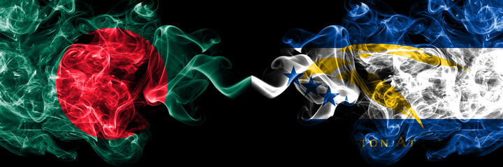Bangladesh, Bangladeshi vs United States of America, America, US, USA, American, Johnston Atoll smoky mystic flags placed side by side. Thick colored silky abstract smokes flags.