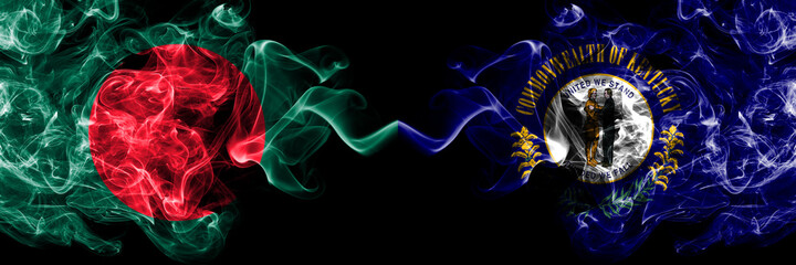 Bangladesh, Bangladeshi vs United States of America, America, US, USA, American, Kentucky smoky mystic flags placed side by side. Thick colored silky abstract smokes flags.