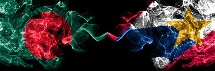 Bangladesh, Bangladeshi vs United States of America, America, US, USA, American, Lafayette, Indiana smoky mystic flags placed side by side. Thick colored silky abstract smokes flags.
