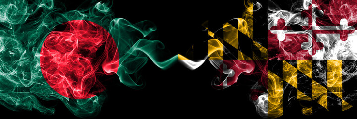 Bangladesh, Bangladeshi vs United States of America, America, US, USA, American, Maryland smoky mystic flags placed side by side. Thick colored silky abstract smokes flags.