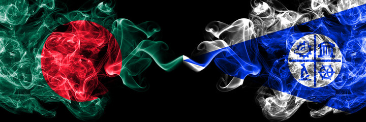 Bangladesh, Bangladeshi vs United States of America, America, US, USA, American, Minneapolis, Minnesota smoky mystic flags placed side by side. Thick colored silky abstract smokes flags.