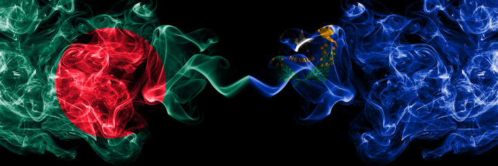 Bangladesh, Bangladeshi vs United States of America, America, US, USA, American, Nevada smoky mystic flags placed side by side. Thick colored silky abstract smokes flags.