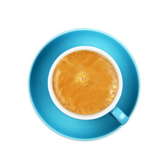 Full espresso coffee in blue cup close up isolated