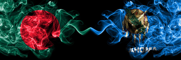 Obraz premium Bangladesh, Bangladeshi vs United States of America, America, US, USA, American, Oklahoma smoky mystic flags placed side by side. Thick colored silky abstract smokes flags.