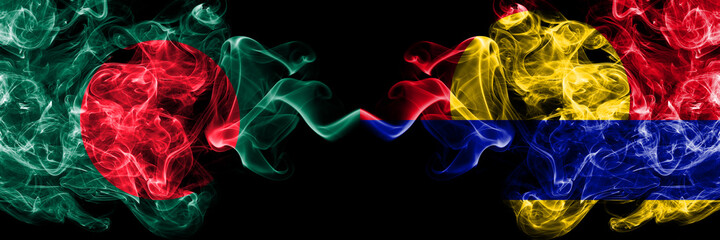 Bangladesh, Bangladeshi vs United States of America, America, US, USA, American, Palmyra Atoll smoky mystic flags placed side by side. Thick colored silky abstract smokes flags.