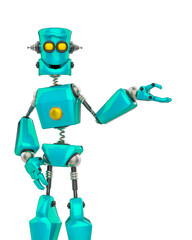 funny robot cartoon demonstraiting some thing in a white background