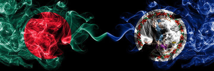 Bangladesh, Bangladeshi vs United States of America, America, US, USA, American, Virginia smoky mystic flags placed side by side. Thick colored silky abstract smokes flags.