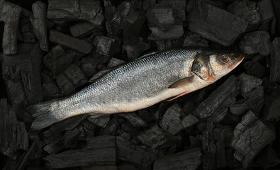 Cooking raw European sea bass fish on charcoal