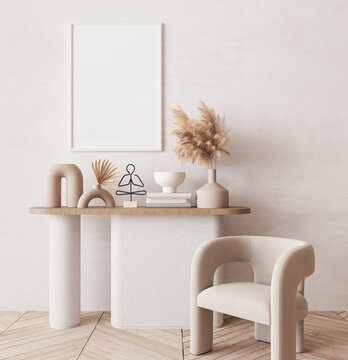Mock up poster in warm modern style, living room interior with neutral beige colors and wooden decor, 3d render
