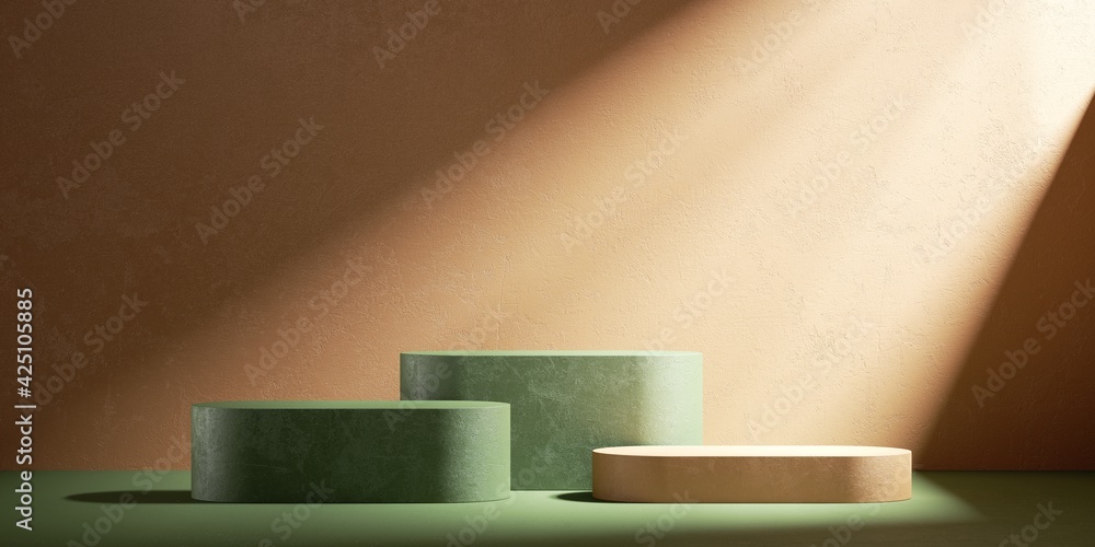 Poster 3d render, abstract background with three empty podiums for product presentation, illuminated with t