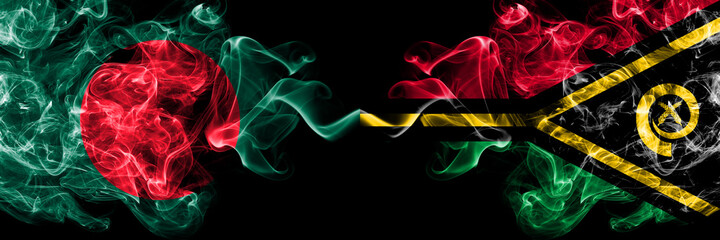 Bangladesh, Bangladeshi vs Vanuatu smoky mystic flags placed side by side. Thick colored silky abstract smokes flags.