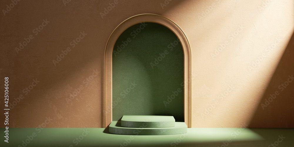 Aufkleber 3d render. abstract architectural background. terracotta wall with empty green arch niche and steps.