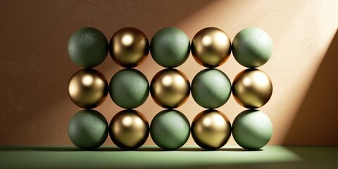 3d render, abstract wall of many green and gold balls isolated on peachy beige background. Balance and gravity concept. Modern design with matrix of geometric primitive shapes