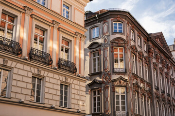 Fototapeta na wymiar old building`s facades in baroque style. Munich historical streets