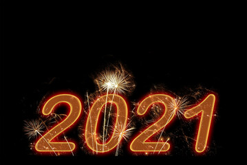 2021 new year fireworks on black sky background. Holiday celebration