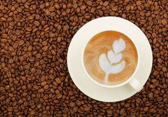 White cup of cappuccino over roasted coffee beans