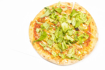 Pizza with lettuce and chicken meat isolated above white background