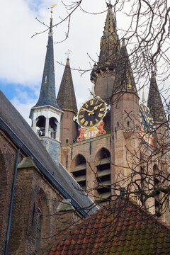 Oude Kerk or Scheve Jan (Old Church, Leaning John) in Delft, The Netherlands, a famous landmark and tourist attraction