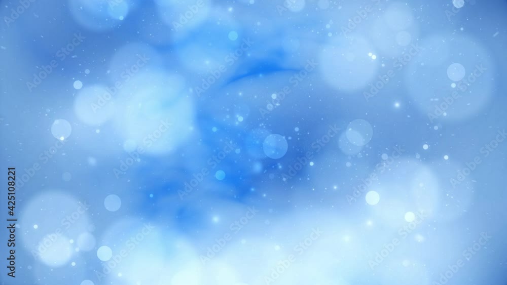 Poster abstract bright blue background with bokeh glowing circles and shining moving particles and smoke. c