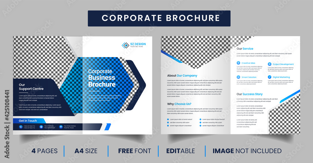 Wall mural corporate business bifold brochure with blue and black color geometric shapes premium vector ads