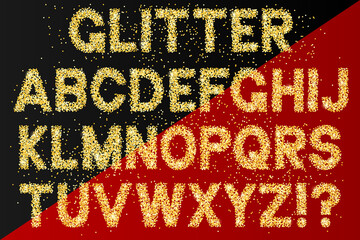 Decorative alphabet with glitter effect. Golden shiny letters for design. Luxury font for sale vouchers, greeting cards, wedding invitations.