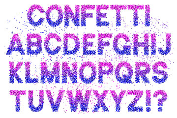 Decorative confetti alphabet. Gradient letters for sale vouchers, greeting cards, wedding invitations. Vector font design.