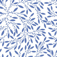 Tossed Blue Flower Buds and Leaves Seamless Pattern Background