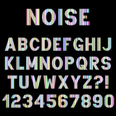 Decorative alphabet letters with electronic noise effect. Vector font design.