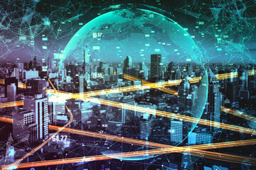 Smart city technology with futuristic graphic of digital data transfer . Concept of computer...