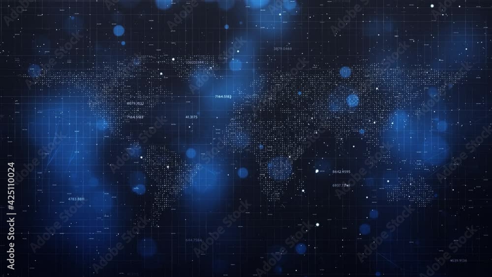 Aufkleber conceptual earth world map on dark digital artificial intelligence network. blue with flying numbers
