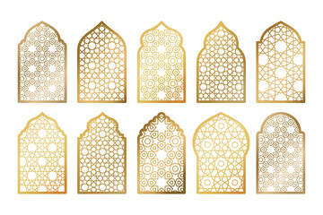 Set of gold ornate arab windows isolated on white. Vector illustration. Ramadan Kareem design element, invitation or card template. Arabic traditional architecture, beautiful arabesque motif pattern. - obrazy, fototapety, plakaty