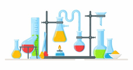 Chemistry class. Vector illustration of conducting an experiment. Liquid in test tubes and flasks.