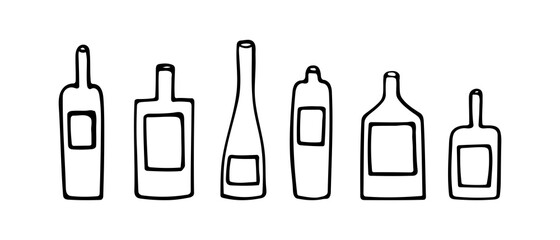Vector illustration of a set of bottles of different shapes. Hand drawn icon and symbol for web, menu, print, poster, sticker, card design. Doodle design elements. 